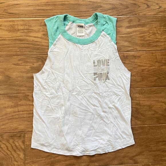 PINK Victoria's Secret Muscle Tee Tank Top Size S White/Turquoise Love Sequin - Picture 1 of 8